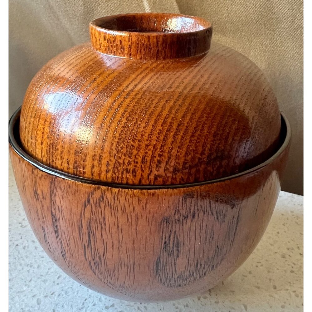 Japanese Lacquered Wooden Soup Bowl Set With Lid Black Interior